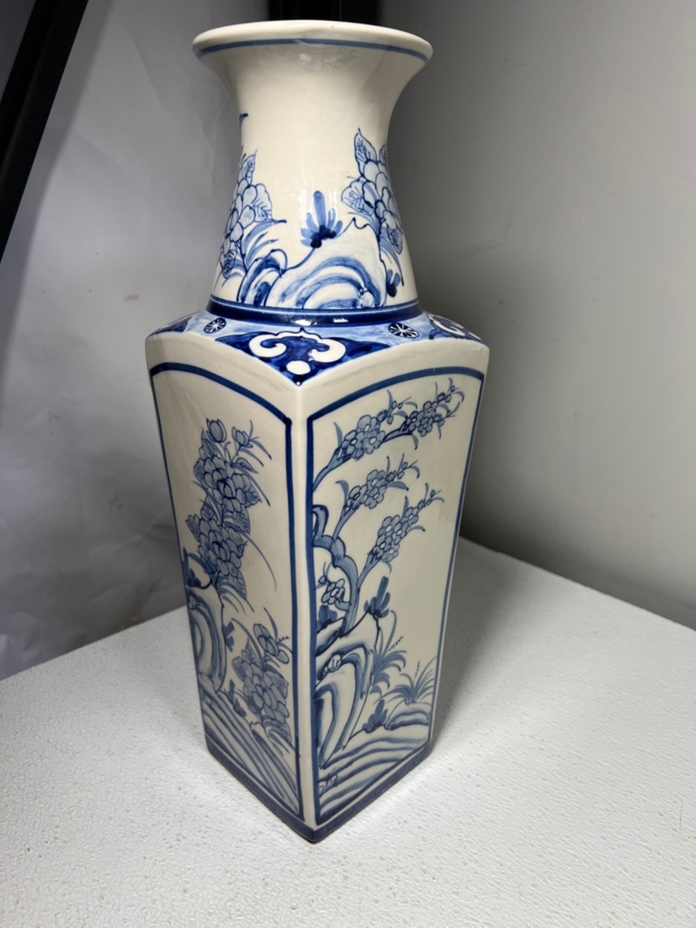 Vintage Large Blue and White Hand Painted Porcelain Asian Vase